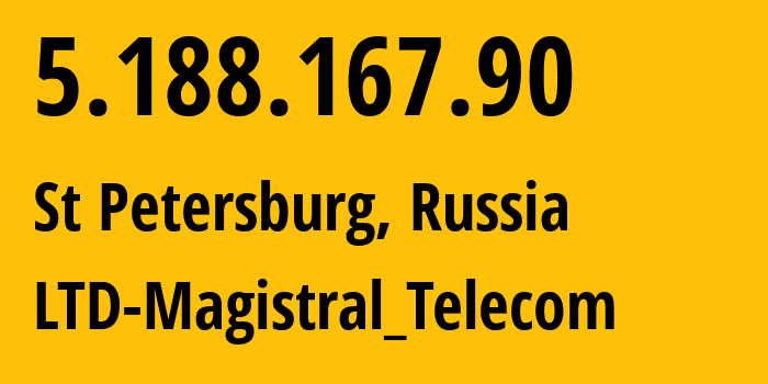 IP-адрес 5.188.167.90 (Санкт-Петербург, Санкт-Петербург, Россия) определить местоположение, координаты на карте, ISP провайдер AS205553 LTD-Magistral_Telecom // кто провайдер айпи-адреса 5.188.167.90