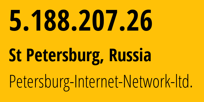 IP-адрес 5.188.207.26 (Санкт-Петербург, Санкт-Петербург, Россия) определить местоположение, координаты на карте, ISP провайдер AS34665 Petersburg-Internet-Network-ltd. // кто провайдер айпи-адреса 5.188.207.26