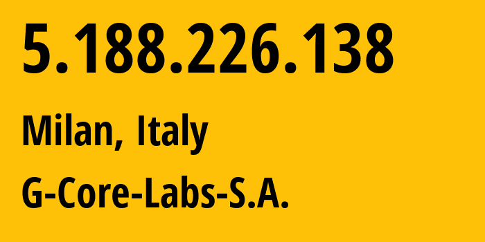 IP-адрес 5.188.226.138 (Милан, Lombardy, Италия) определить местоположение, координаты на карте, ISP провайдер AS202422 G-Core-Labs-S.A. // кто провайдер айпи-адреса 5.188.226.138