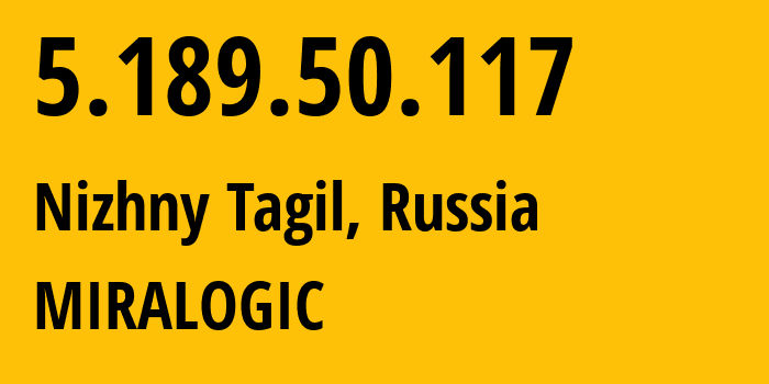 IP address 5.189.50.117 (Nizhny Tagil, Sverdlovsk Oblast, Russia) get location, coordinates on map, ISP provider AS12668 MIRALOGIC // who is provider of ip address 5.189.50.117, whose IP address