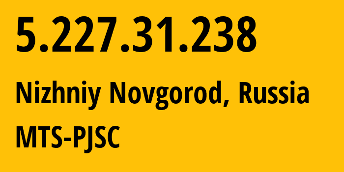 IP-адрес 5.227.31.238 (Нижний Новгород, Нижегородская Область, Россия) определить местоположение, координаты на карте, ISP провайдер AS8580 MTS-PJSC // кто провайдер айпи-адреса 5.227.31.238