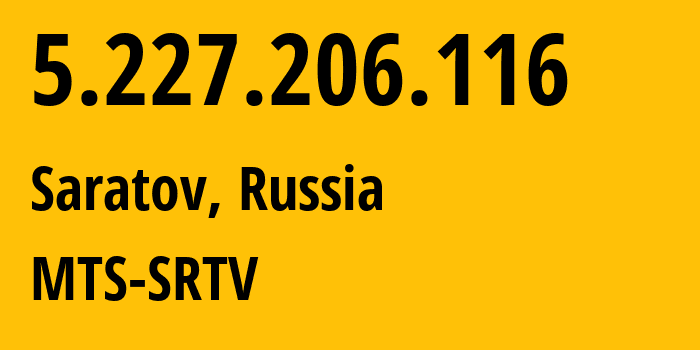 IP-адрес 5.227.206.116 (Саратов, Саратовская Область, Россия) определить местоположение, координаты на карте, ISP провайдер AS29190 MTS-SRTV // кто провайдер айпи-адреса 5.227.206.116