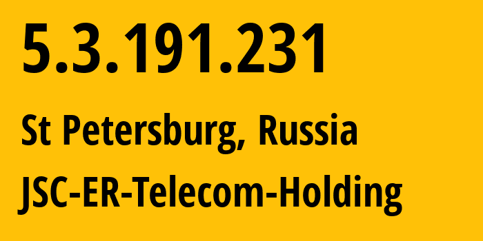 IP-адрес 5.3.191.231 (Санкт-Петербург, Санкт-Петербург, Россия) определить местоположение, координаты на карте, ISP провайдер AS51570 JSC-ER-Telecom-Holding // кто провайдер айпи-адреса 5.3.191.231