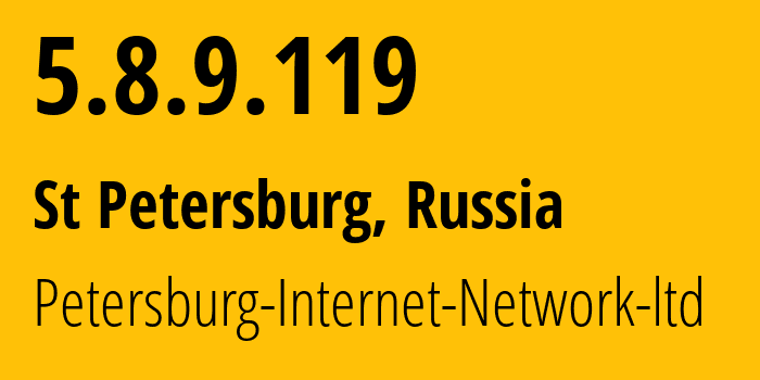 IP address 5.8.9.119 (St Petersburg, St.-Petersburg, Russia) get location, coordinates on map, ISP provider AS34665 Petersburg-Internet-Network-ltd // who is provider of ip address 5.8.9.119, whose IP address