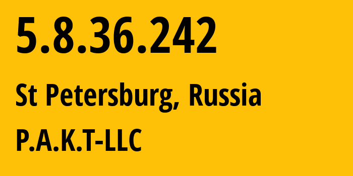 IP-адрес 5.8.36.242 (Санкт-Петербург, Санкт-Петербург, Россия) определить местоположение, координаты на карте, ISP провайдер AS39087 P.A.K.T-LLC // кто провайдер айпи-адреса 5.8.36.242