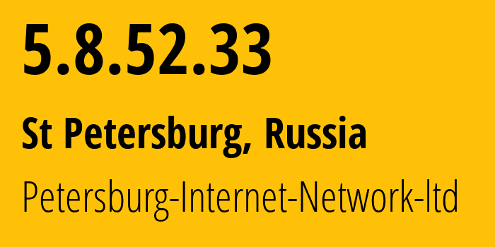 IP address 5.8.52.33 (St Petersburg, St.-Petersburg, Russia) get location, coordinates on map, ISP provider AS34665 Petersburg-Internet-Network-ltd // who is provider of ip address 5.8.52.33, whose IP address