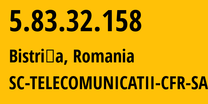 IP address 5.83.32.158 (Bistriţa, Bistrița-Năsăud County, Romania) get location, coordinates on map, ISP provider AS34060 SC-TELECOMUNICATII-CFR-SA // who is provider of ip address 5.83.32.158, whose IP address