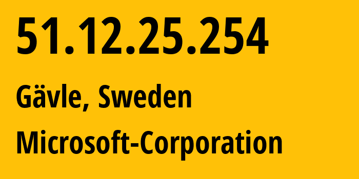 IP address 51.12.25.254 (Gävle, Gävleborg County, Sweden) get location, coordinates on map, ISP provider AS8075 Microsoft-Corporation // who is provider of ip address 51.12.25.254, whose IP address