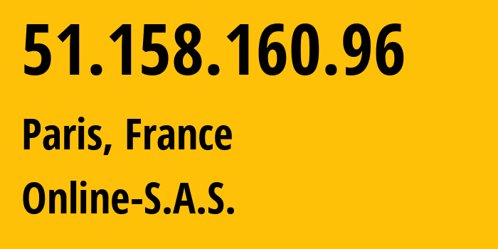 IP-адрес 51.158.160.96 (Париж, Иль-де-Франс, Франция) определить местоположение, координаты на карте, ISP провайдер AS12876 Online-S.A.S. // кто провайдер айпи-адреса 51.158.160.96