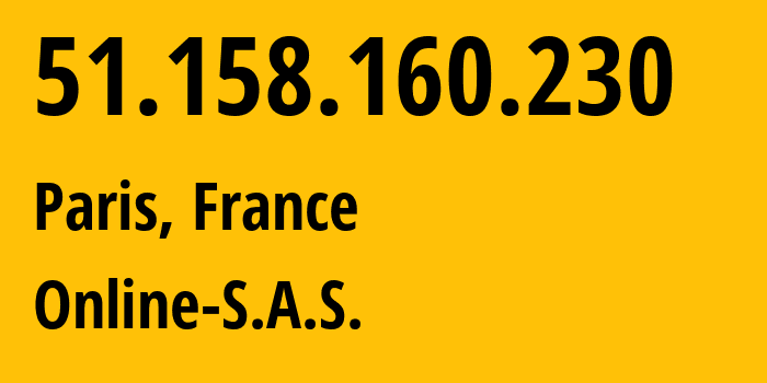 IP address 51.158.160.230 (Paris, Île-de-France, France) get location, coordinates on map, ISP provider AS12876 Online-S.A.S. // who is provider of ip address 51.158.160.230, whose IP address