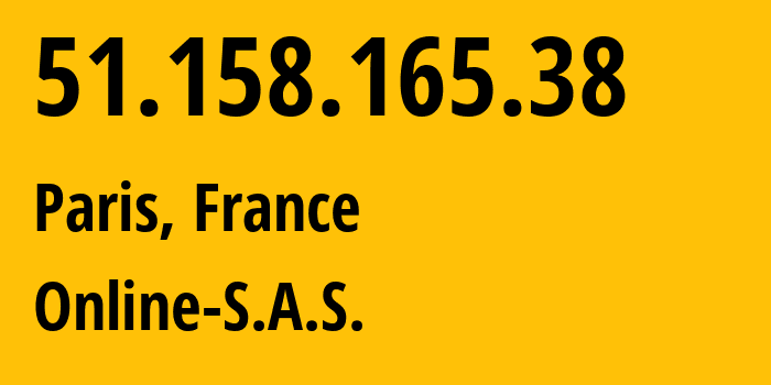 IP-адрес 51.158.165.38 (Париж, Иль-де-Франс, Франция) определить местоположение, координаты на карте, ISP провайдер AS12876 Online-S.A.S. // кто провайдер айпи-адреса 51.158.165.38