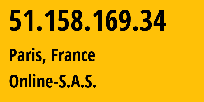 IP address 51.158.169.34 (Paris, Île-de-France, France) get location, coordinates on map, ISP provider AS12876 Online-S.A.S. // who is provider of ip address 51.158.169.34, whose IP address