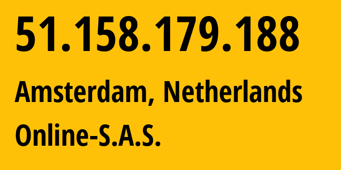 IP address 51.158.179.188 (Amsterdam, North Holland, Netherlands) get location, coordinates on map, ISP provider AS12876 Online-S.A.S. // who is provider of ip address 51.158.179.188, whose IP address