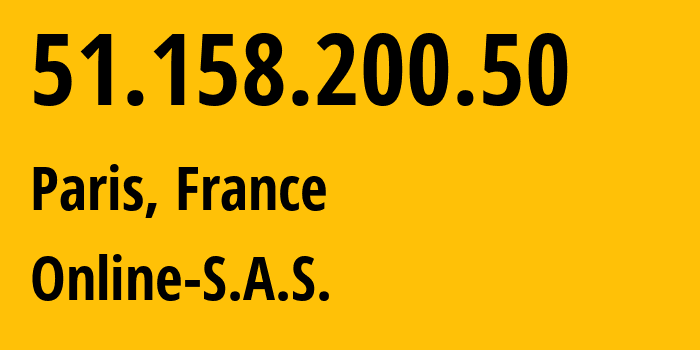 IP-адрес 51.158.200.50 (Париж, Иль-де-Франс, Франция) определить местоположение, координаты на карте, ISP провайдер AS12876 Online-S.A.S. // кто провайдер айпи-адреса 51.158.200.50