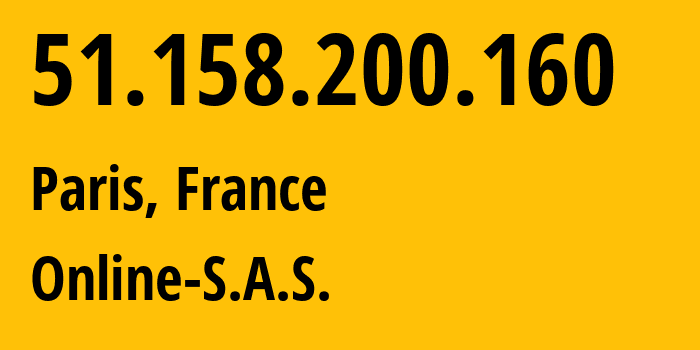 IP-адрес 51.158.200.160 (Париж, Иль-де-Франс, Франция) определить местоположение, координаты на карте, ISP провайдер AS12876 Online-S.A.S. // кто провайдер айпи-адреса 51.158.200.160