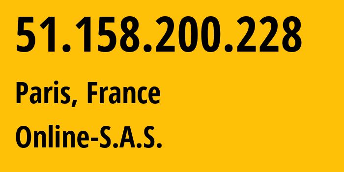 IP-адрес 51.158.200.228 (Париж, Иль-де-Франс, Франция) определить местоположение, координаты на карте, ISP провайдер AS12876 Online-S.A.S. // кто провайдер айпи-адреса 51.158.200.228