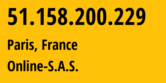 IP address 51.158.200.229 (Paris, Île-de-France, France) get location, coordinates on map, ISP provider AS12876 Online-S.A.S. // who is provider of ip address 51.158.200.229, whose IP address