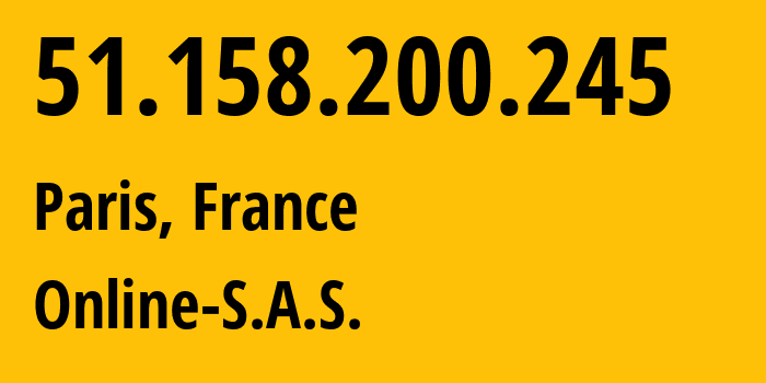 IP address 51.158.200.245 (Paris, Île-de-France, France) get location, coordinates on map, ISP provider AS12876 Online-S.A.S. // who is provider of ip address 51.158.200.245, whose IP address