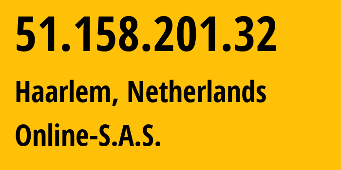 IP-адрес 51.158.201.32 (Харлем, Северная Голландия, Нидерланды) определить местоположение, координаты на карте, ISP провайдер AS12876 Online-S.A.S. // кто провайдер айпи-адреса 51.158.201.32