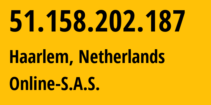 IP-адрес 51.158.202.187 (Харлем, Северная Голландия, Нидерланды) определить местоположение, координаты на карте, ISP провайдер AS12876 Online-S.A.S. // кто провайдер айпи-адреса 51.158.202.187