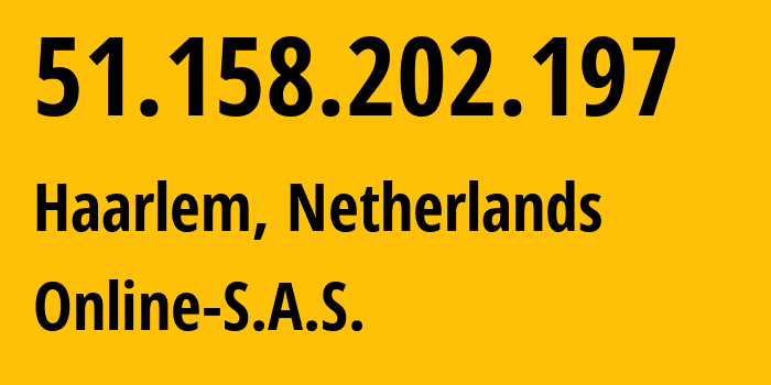 IP address 51.158.202.197 (Haarlem, North Holland, Netherlands) get location, coordinates on map, ISP provider AS12876 Online-S.A.S. // who is provider of ip address 51.158.202.197, whose IP address