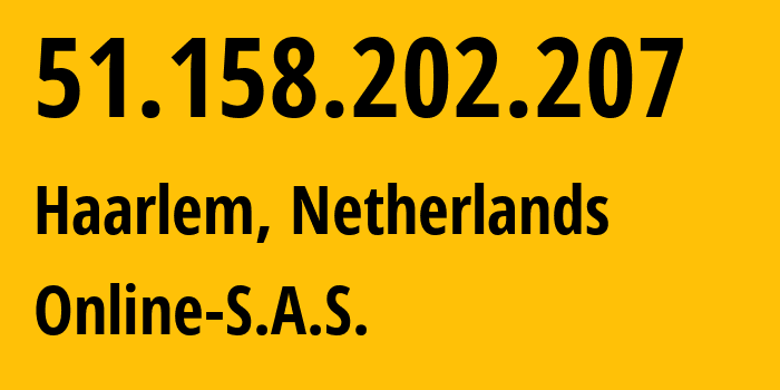 IP address 51.158.202.207 (Haarlem, North Holland, Netherlands) get location, coordinates on map, ISP provider AS12876 Online-S.A.S. // who is provider of ip address 51.158.202.207, whose IP address