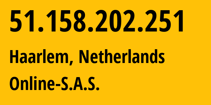 IP address 51.158.202.251 (Haarlem, North Holland, Netherlands) get location, coordinates on map, ISP provider AS12876 Online-S.A.S. // who is provider of ip address 51.158.202.251, whose IP address