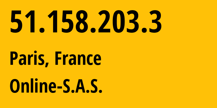 IP-адрес 51.158.203.3 (Париж, Иль-де-Франс, Франция) определить местоположение, координаты на карте, ISP провайдер AS12876 Online-S.A.S. // кто провайдер айпи-адреса 51.158.203.3