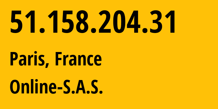 IP address 51.158.204.31 (Paris, Île-de-France, France) get location, coordinates on map, ISP provider AS12876 Online-S.A.S. // who is provider of ip address 51.158.204.31, whose IP address