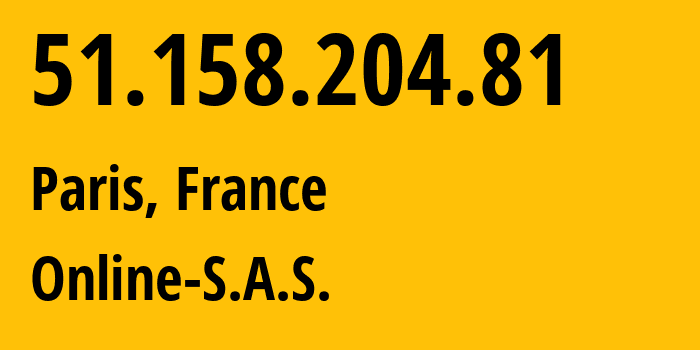 IP-адрес 51.158.204.81 (Париж, Иль-де-Франс, Франция) определить местоположение, координаты на карте, ISP провайдер AS12876 Online-S.A.S. // кто провайдер айпи-адреса 51.158.204.81