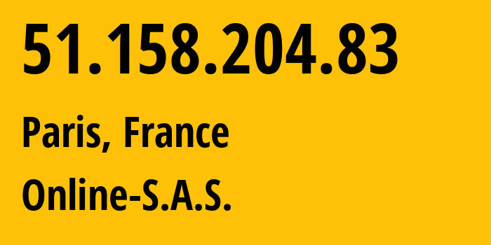 IP address 51.158.204.83 (Paris, Île-de-France, France) get location, coordinates on map, ISP provider AS12876 Online-S.A.S. // who is provider of ip address 51.158.204.83, whose IP address