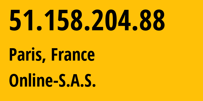 IP-адрес 51.158.204.88 (Париж, Иль-де-Франс, Франция) определить местоположение, координаты на карте, ISP провайдер AS12876 Online-S.A.S. // кто провайдер айпи-адреса 51.158.204.88