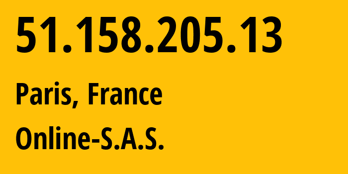 IP address 51.158.205.13 (Paris, Île-de-France, France) get location, coordinates on map, ISP provider AS12876 Online-S.A.S. // who is provider of ip address 51.158.205.13, whose IP address