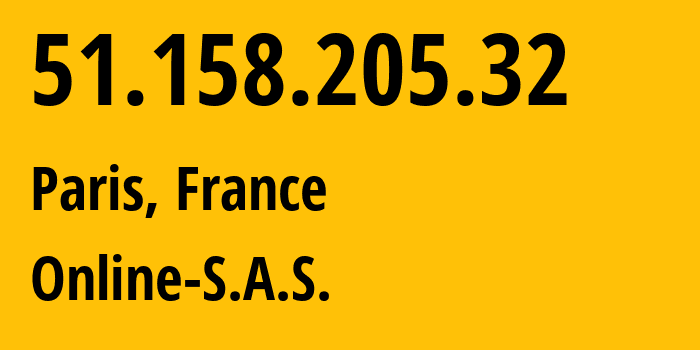 IP-адрес 51.158.205.32 (Париж, Иль-де-Франс, Франция) определить местоположение, координаты на карте, ISP провайдер AS12876 Online-S.A.S. // кто провайдер айпи-адреса 51.158.205.32