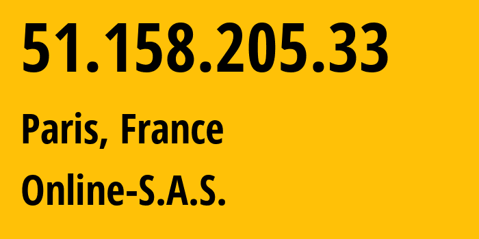 IP-адрес 51.158.205.33 (Париж, Иль-де-Франс, Франция) определить местоположение, координаты на карте, ISP провайдер AS12876 Online-S.A.S. // кто провайдер айпи-адреса 51.158.205.33
