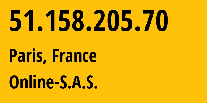 IP address 51.158.205.70 (Paris, Île-de-France, France) get location, coordinates on map, ISP provider AS12876 Online-S.A.S. // who is provider of ip address 51.158.205.70, whose IP address