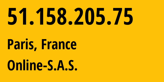 IP-адрес 51.158.205.75 (Париж, Иль-де-Франс, Франция) определить местоположение, координаты на карте, ISP провайдер AS12876 Online-S.A.S. // кто провайдер айпи-адреса 51.158.205.75