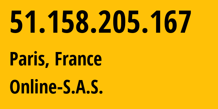 IP-адрес 51.158.205.167 (Париж, Иль-де-Франс, Франция) определить местоположение, координаты на карте, ISP провайдер AS12876 Online-S.A.S. // кто провайдер айпи-адреса 51.158.205.167