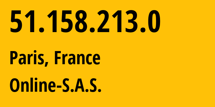 IP address 51.158.213.0 (Paris, Île-de-France, France) get location, coordinates on map, ISP provider AS12876 Online-S.A.S. // who is provider of ip address 51.158.213.0, whose IP address