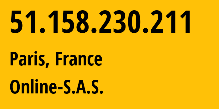 IP-адрес 51.158.230.211 (Париж, Иль-де-Франс, Франция) определить местоположение, координаты на карте, ISP провайдер AS12876 Online-S.A.S. // кто провайдер айпи-адреса 51.158.230.211