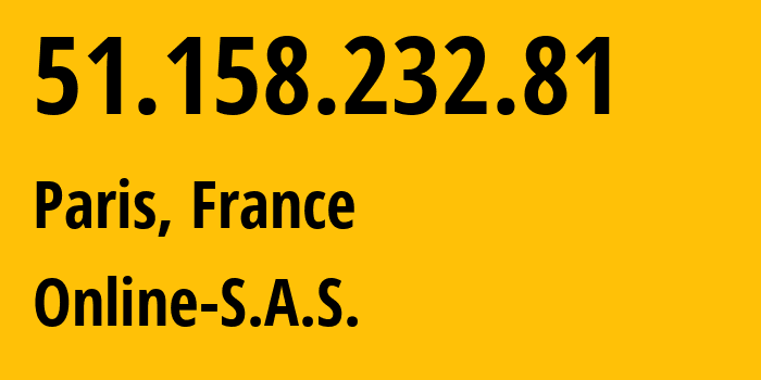 IP-адрес 51.158.232.81 (Париж, Иль-де-Франс, Франция) определить местоположение, координаты на карте, ISP провайдер AS12876 Online-S.A.S. // кто провайдер айпи-адреса 51.158.232.81