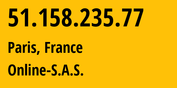 IP-адрес 51.158.235.77 (Париж, Иль-де-Франс, Франция) определить местоположение, координаты на карте, ISP провайдер AS12876 Online-S.A.S. // кто провайдер айпи-адреса 51.158.235.77