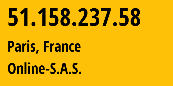 IP-адрес 51.158.237.58 (Париж, Иль-де-Франс, Франция) определить местоположение, координаты на карте, ISP провайдер AS12876 Online-S.A.S. // кто провайдер айпи-адреса 51.158.237.58
