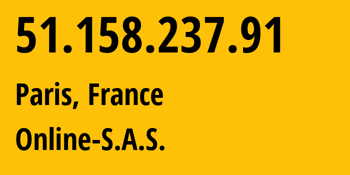 IP address 51.158.237.91 (Paris, Île-de-France, France) get location, coordinates on map, ISP provider AS12876 Online-S.A.S. // who is provider of ip address 51.158.237.91, whose IP address