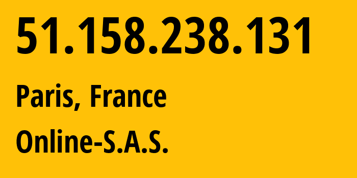 IP-адрес 51.158.238.131 (Париж, Иль-де-Франс, Франция) определить местоположение, координаты на карте, ISP провайдер AS12876 Online-S.A.S. // кто провайдер айпи-адреса 51.158.238.131