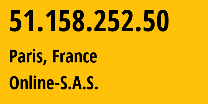 IP-адрес 51.158.252.50 (Париж, Иль-де-Франс, Франция) определить местоположение, координаты на карте, ISP провайдер AS12876 Online-S.A.S. // кто провайдер айпи-адреса 51.158.252.50