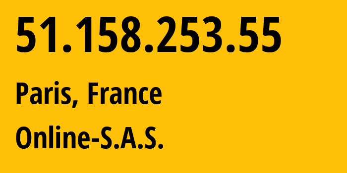 IP-адрес 51.158.253.55 (Париж, Иль-де-Франс, Франция) определить местоположение, координаты на карте, ISP провайдер AS12876 Online-S.A.S. // кто провайдер айпи-адреса 51.158.253.55