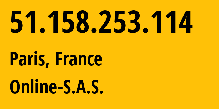 IP-адрес 51.158.253.114 (Париж, Иль-де-Франс, Франция) определить местоположение, координаты на карте, ISP провайдер AS12876 Online-S.A.S. // кто провайдер айпи-адреса 51.158.253.114