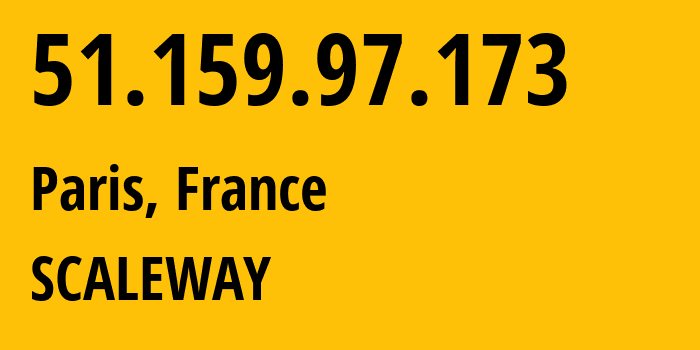 IP address 51.159.97.173 (Paris, Île-de-France, France) get location, coordinates on map, ISP provider AS12876 SCALEWAY // who is provider of ip address 51.159.97.173, whose IP address