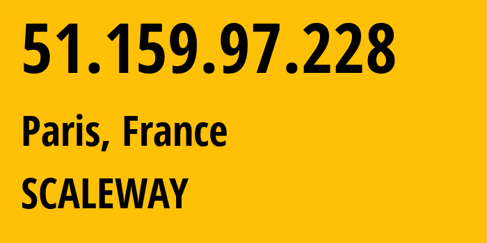 IP address 51.159.97.228 (Paris, Île-de-France, France) get location, coordinates on map, ISP provider AS12876 SCALEWAY // who is provider of ip address 51.159.97.228, whose IP address